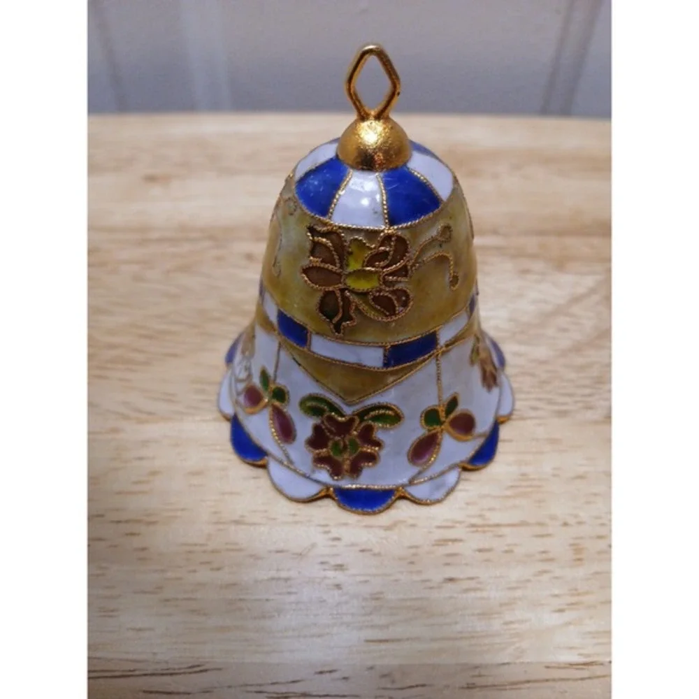 Vintage Cloisonné Bell Christmas Ornament Flowers Yellow Blue White Pink Enamel - Picture 3 of 7